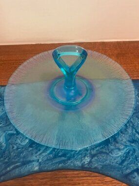 Fenton Celeste Blue Stretch Iridescent Glass Handled Serving Tidbit Tray Plate